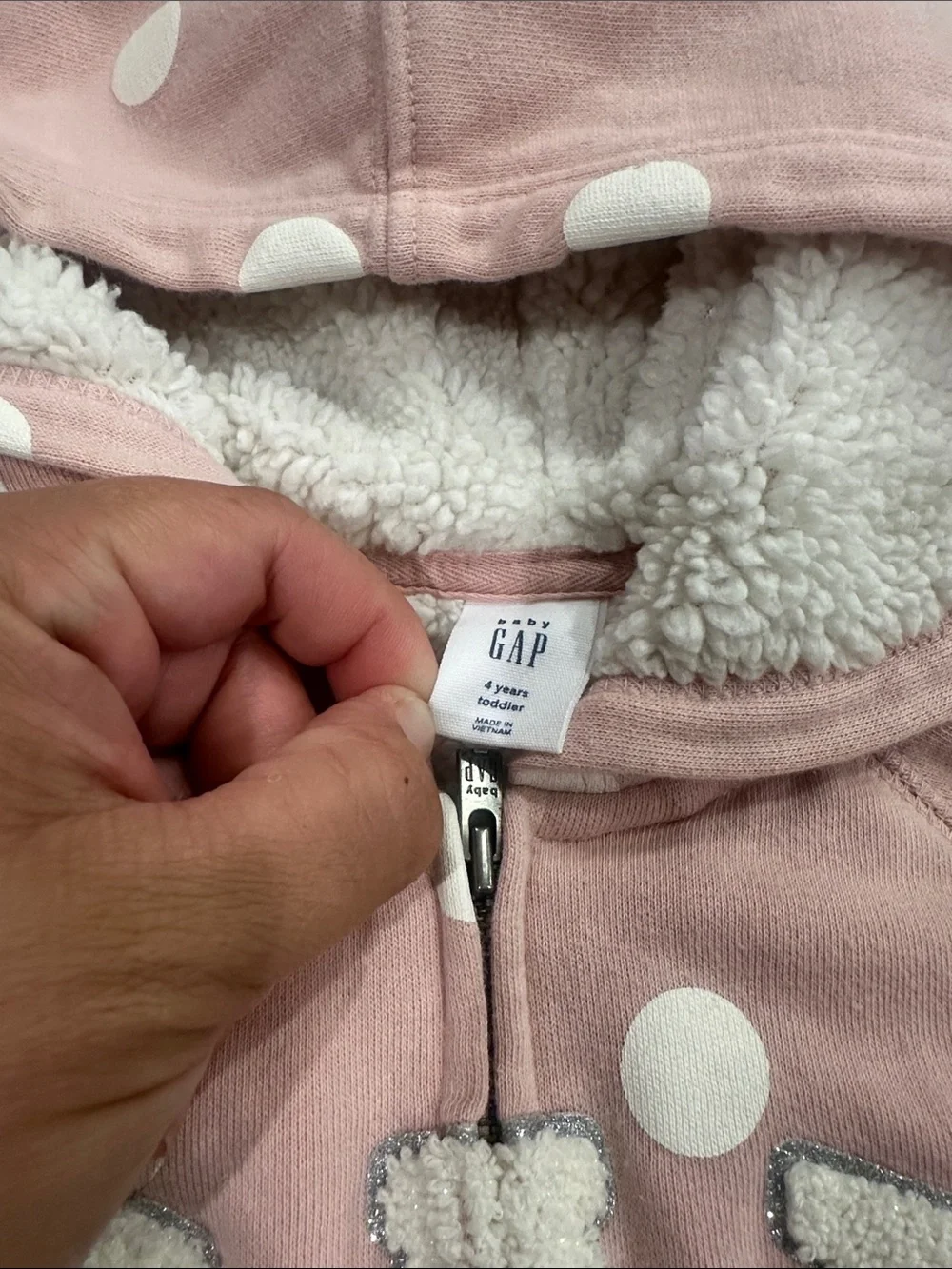 Baby Gap Sherpa filled white polka dot and pink zip up hoodie size 4T